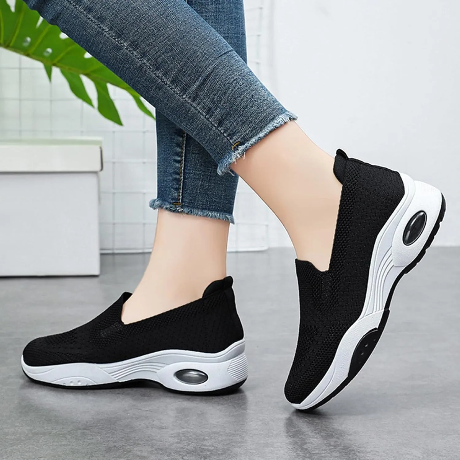 Womens Walking Shoes Sock Sneakers Slip-On Light Air Cushion Mesh Breathable Comfortable Casual Ladies Air Cushion Athletic Shoes for Arch Support Jogging Shoe