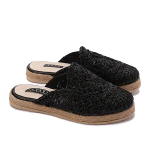 Woven Raffia Espadrille Mules-Black