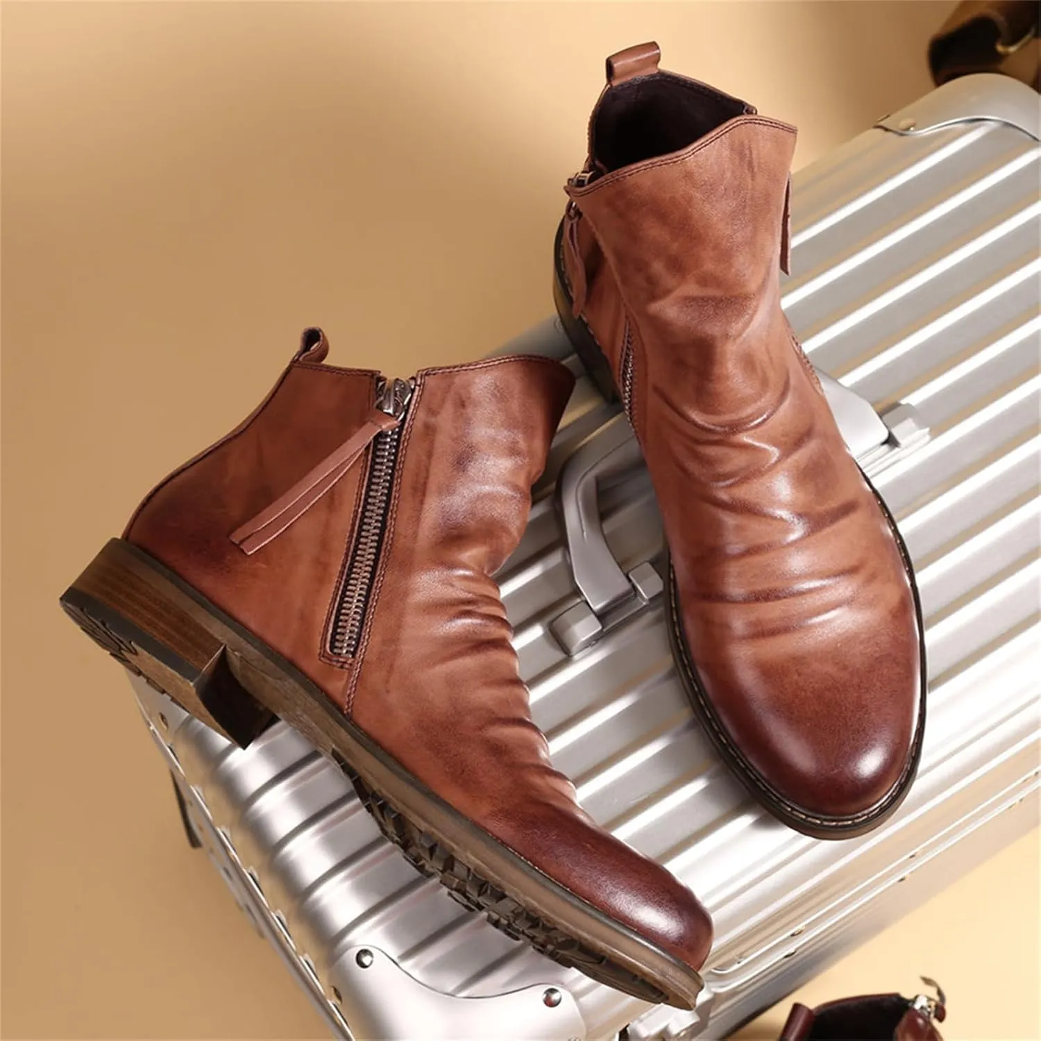 Yuizko OXNGEOS Men'S Retro Leather Chelsea Ankle Boots Classic Fashion Side Zipper Low-Heels Slip On Business Dress Oxford Boot Casual High Top Chukka Boots