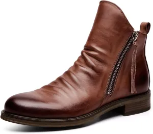 Yuizko OXNGEOS Men'S Retro Leather Chelsea Ankle Boots Classic Fashion Side Zipper Low-Heels Slip On Business Dress Oxford Boot Casual High Top Chukka Boots