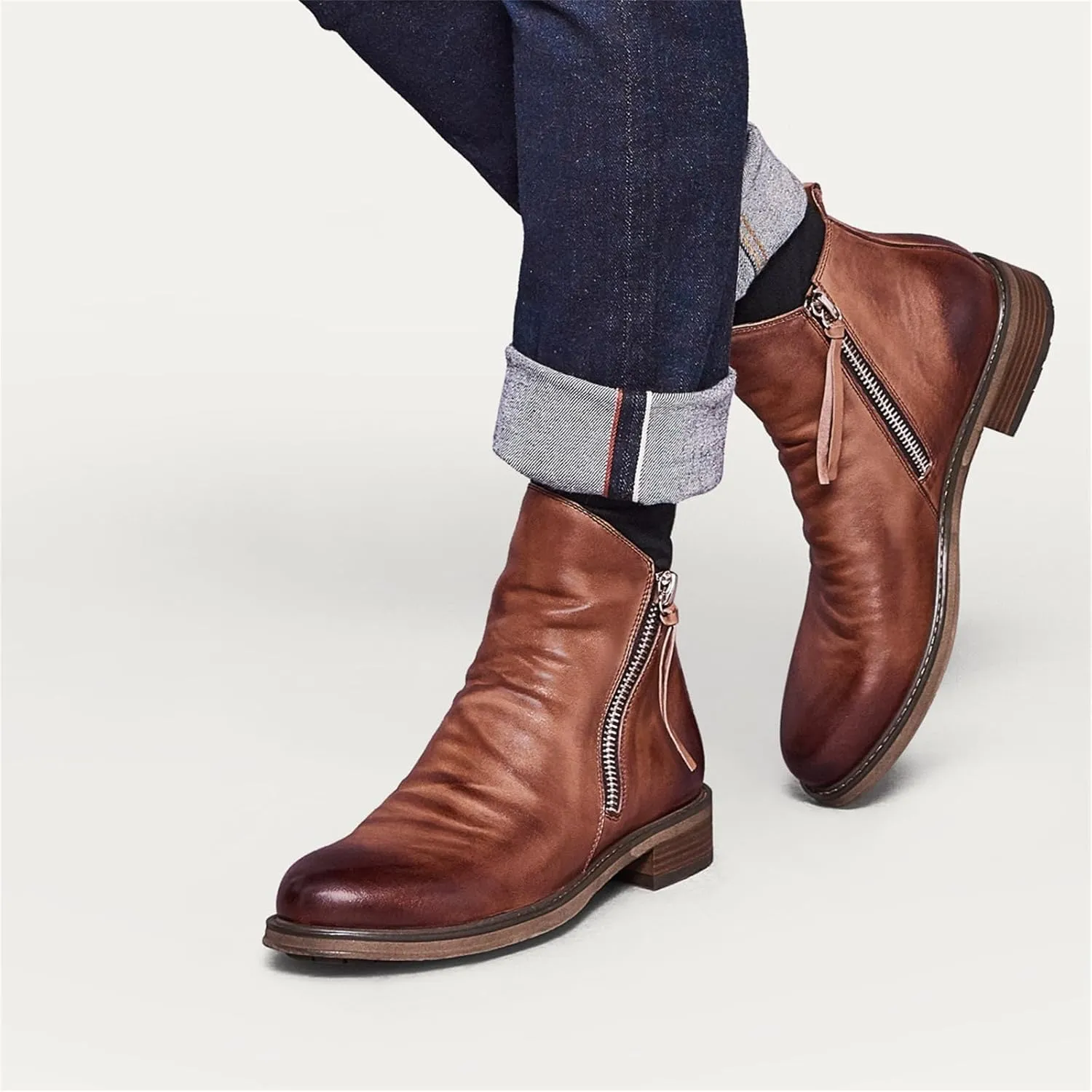 Yuizko OXNGEOS Men'S Retro Leather Chelsea Ankle Boots Classic Fashion Side Zipper Low-Heels Slip On Business Dress Oxford Boot Casual High Top Chukka Boots