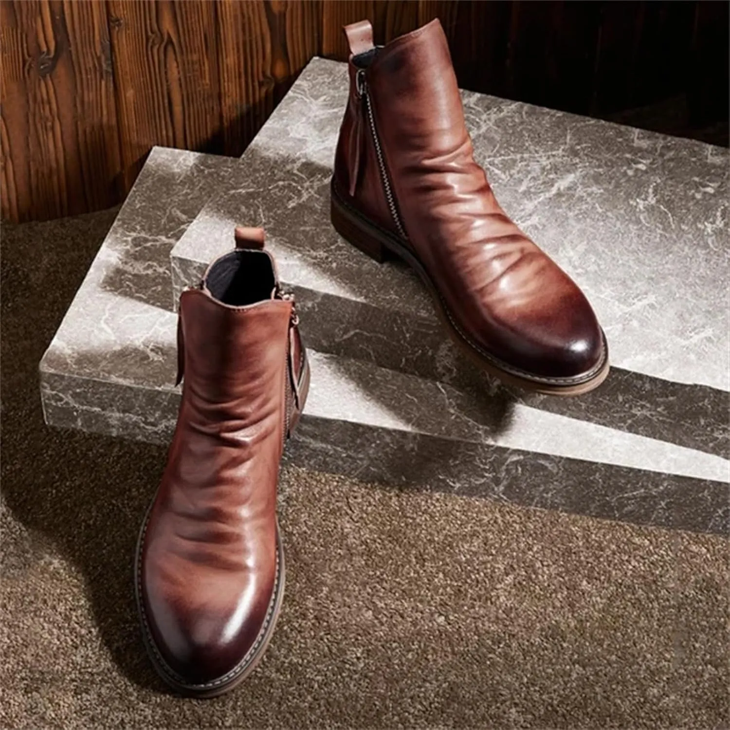 Yuizko OXNGEOS Men'S Retro Leather Chelsea Ankle Boots Classic Fashion Side Zipper Low-Heels Slip On Business Dress Oxford Boot Casual High Top Chukka Boots
