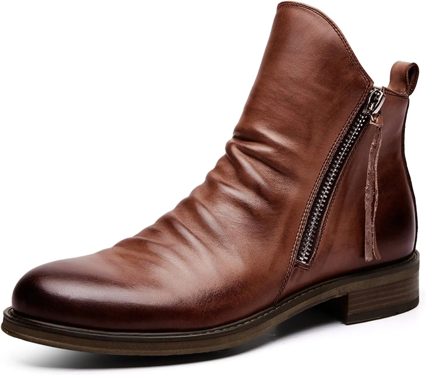 Yuizko OXNGEOS Men'S Retro Leather Chelsea Ankle Boots Classic Fashion Side Zipper Low-Heels Slip On Business Dress Oxford Boot Casual High Top Chukka Boots