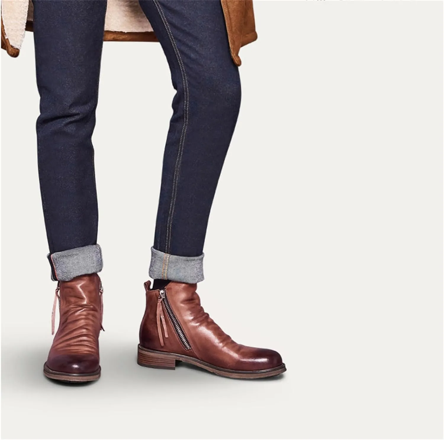Yuizko OXNGEOS Men'S Retro Leather Chelsea Ankle Boots Classic Fashion Side Zipper Low-Heels Slip On Business Dress Oxford Boot Casual High Top Chukka Boots