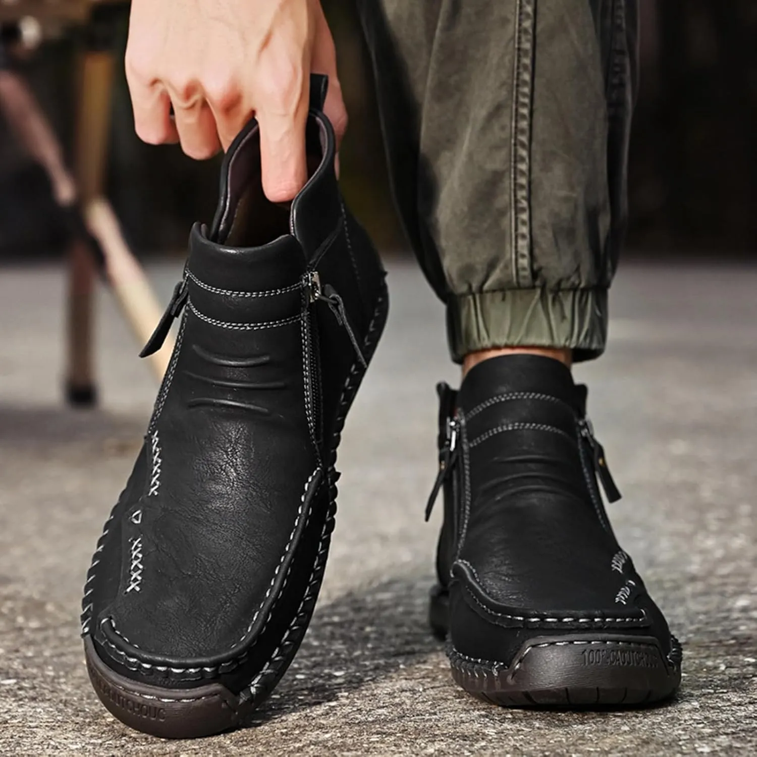 Zeberfi Men's Waterproof Leather Chukka Ankle Boots for Hiking Camping & Driving Fashion Retro Side Zip Hand Stitched High Top Outdoor Walking Sneakers Optional Warm Velvet Lining Snow Boots