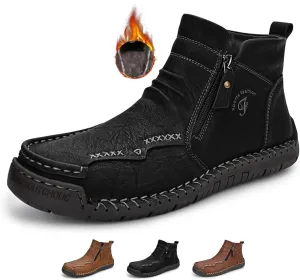 Zeberfi Men's Waterproof Leather Chukka Ankle Boots for Hiking Camping & Driving Fashion Retro Side Zip Hand Stitched High Top Outdoor Walking Sneakers Optional Warm Velvet Lining Snow Boots